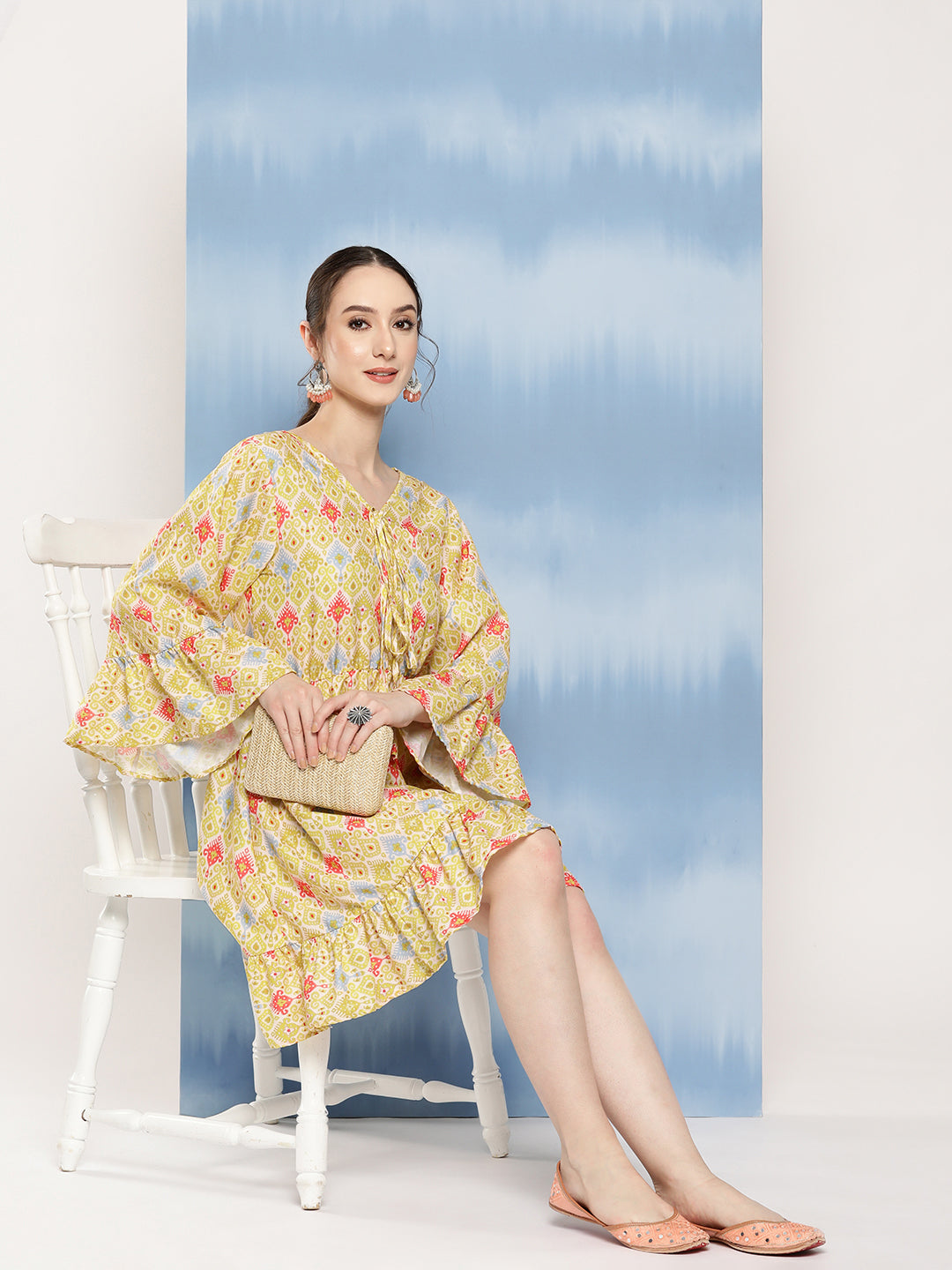 InWeave Women's Yellow Orange Ikkat Print Short Dress | Grocsy
