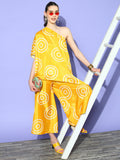 InWeave Women's Yellow Bandhani Motif One Shoulder Palazzo Set | Grocsy