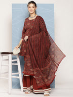 InWeave Women's Brick Rust Ajrakh Sharara Set With Dupatta | Grocsy
