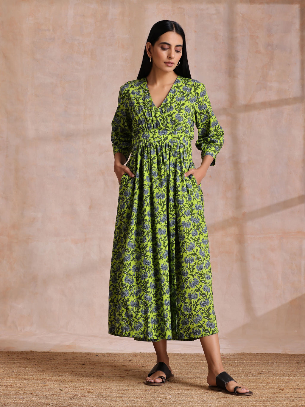 trueBrowns Lime Green Overall Blue Floral Block Print Cotton Wrap Dress | Grocsy