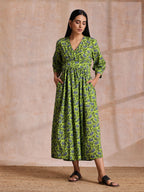 trueBrowns Lime Green Overall Blue Floral Block Print Cotton Wrap Dress | Grocsy