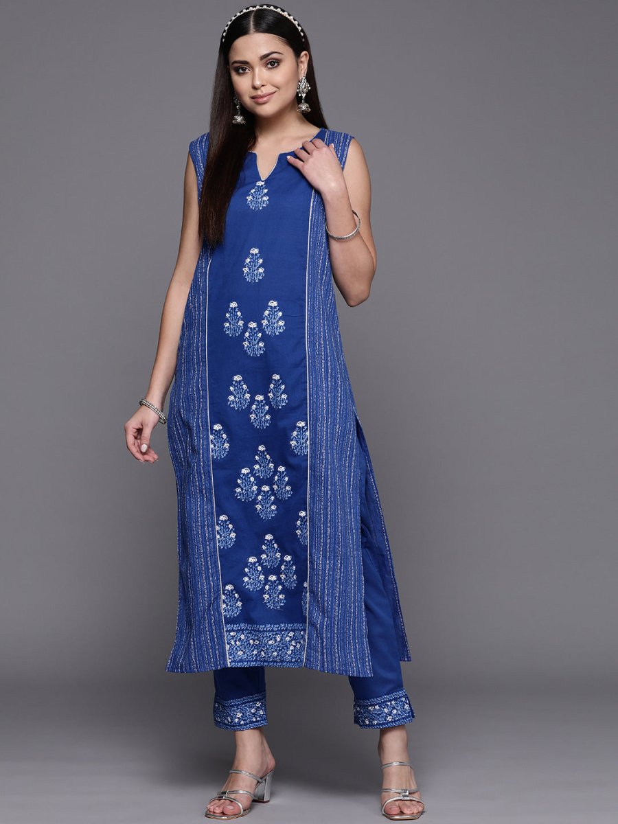 Ahalyaa Women Blue Floral Printed Pure Cotton Kurta with Trousers | Grocsy