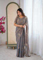 Evanik Grey Mos Silk With Handwork Butterfly Design Saree With Unstitched Blouse | Grocsy