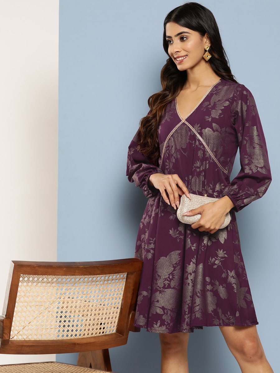 Ahalyaa Floral Print Puff Sleeves Empire Crepe Ethnic Dress | Grocsy