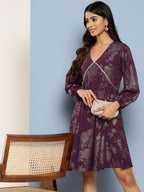Ahalyaa Floral Print Puff Sleeves Empire Crepe Ethnic Dress | Grocsy