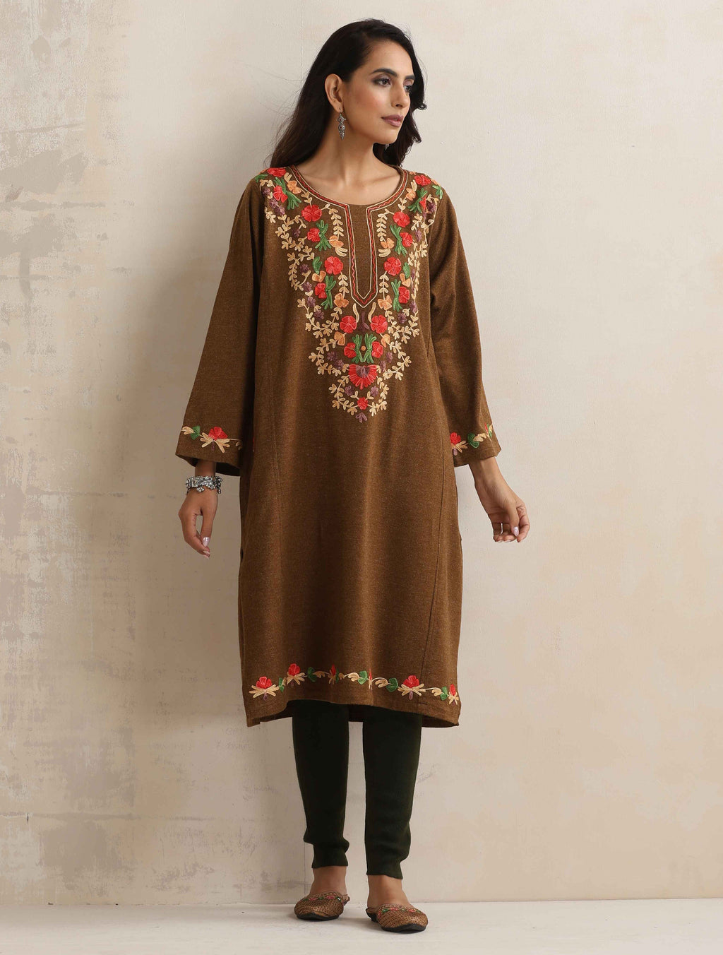 trueBrowns Brown Kashmiri Embroidered Woollen Phiran Kurta | Grocsy