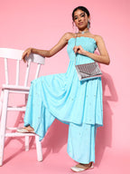 InWeave Women's Sky Blue Mirror Work Off Shoulder Kurta Set | Grocsy