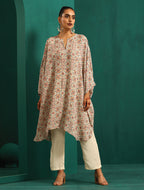 trueBrowns Off White Circle Floral Muslin Silk Printed Kaftan Pant Set | Grocsy