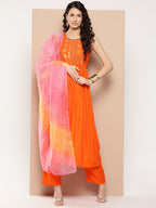 InWeave Women's Orange Mirror Work Aline Strappy Kurta Set W Pink Yellow Leh Dupatta | Grocsy