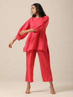 trueBrowns Bright Pink Slub Texture Baggy Sleeve Co-Ord Set | Grocsy