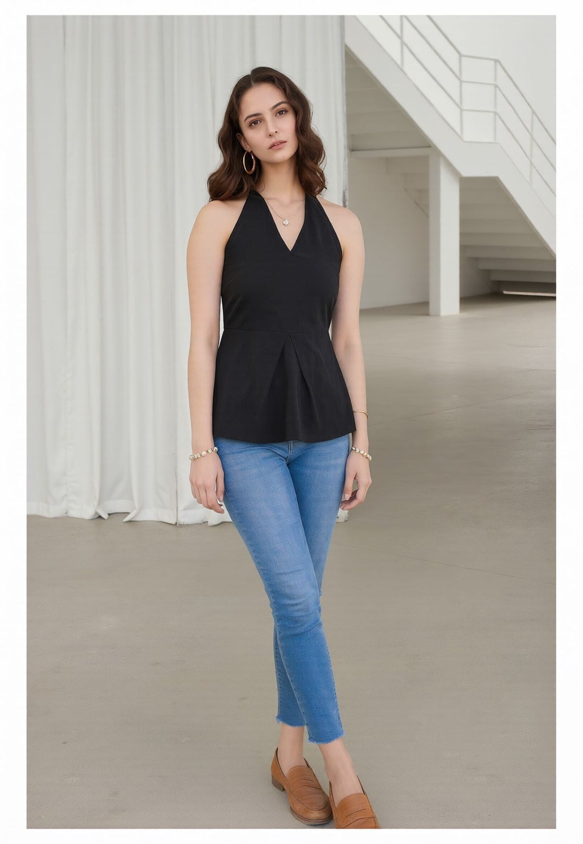 Myshka Women Black Linen Halter Neck Tie Up Pleated Top | Grocsy
