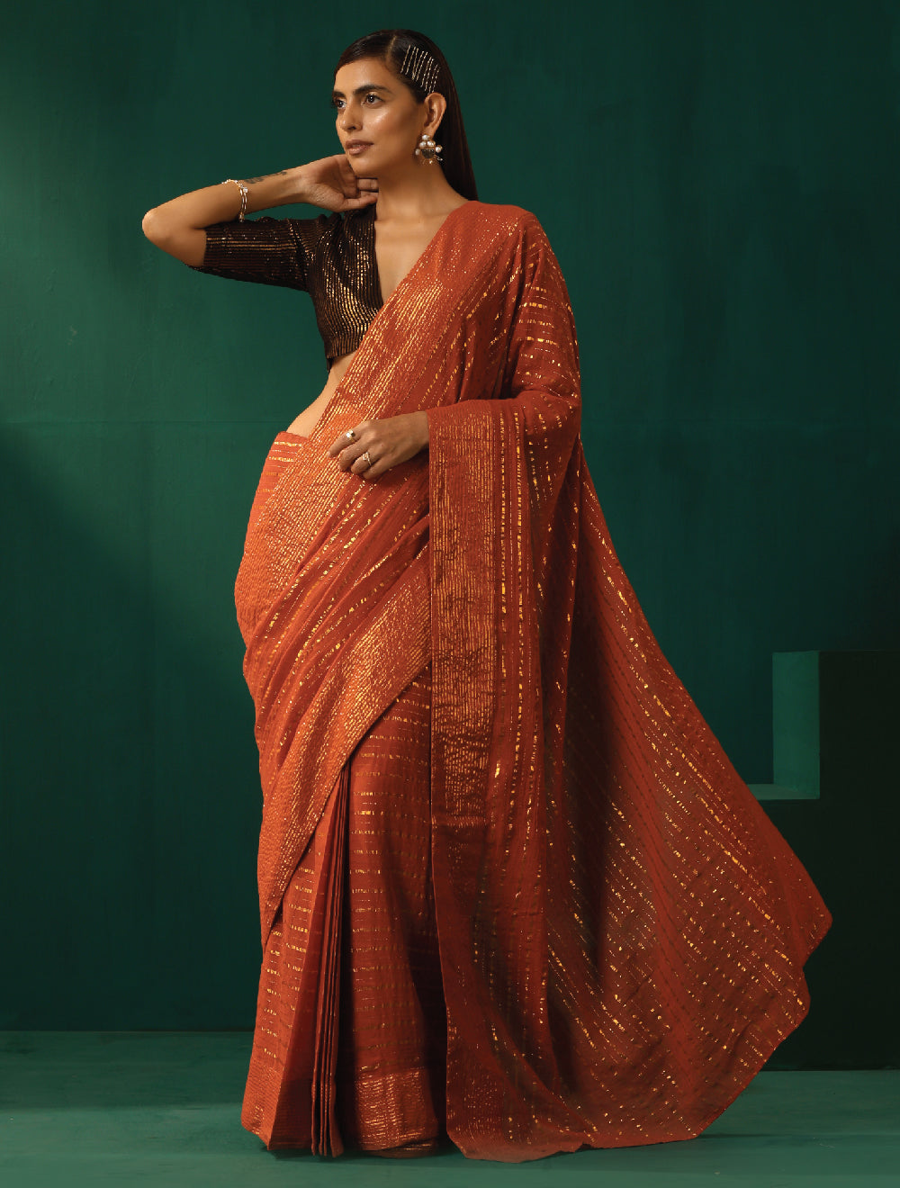 trueBrowns Rust Cotton Gold Lurex Striped Ready to Wear Saree | Grocsy