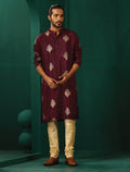 trueBrowns Men's Wine Geometric Viscose Silk Long Kurta | Grocsy