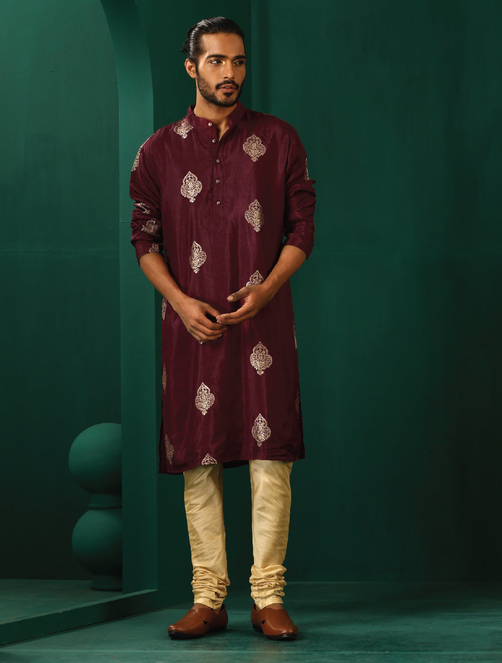 trueBrowns Men's Wine Geometric Viscose Silk Long Kurta | Grocsy