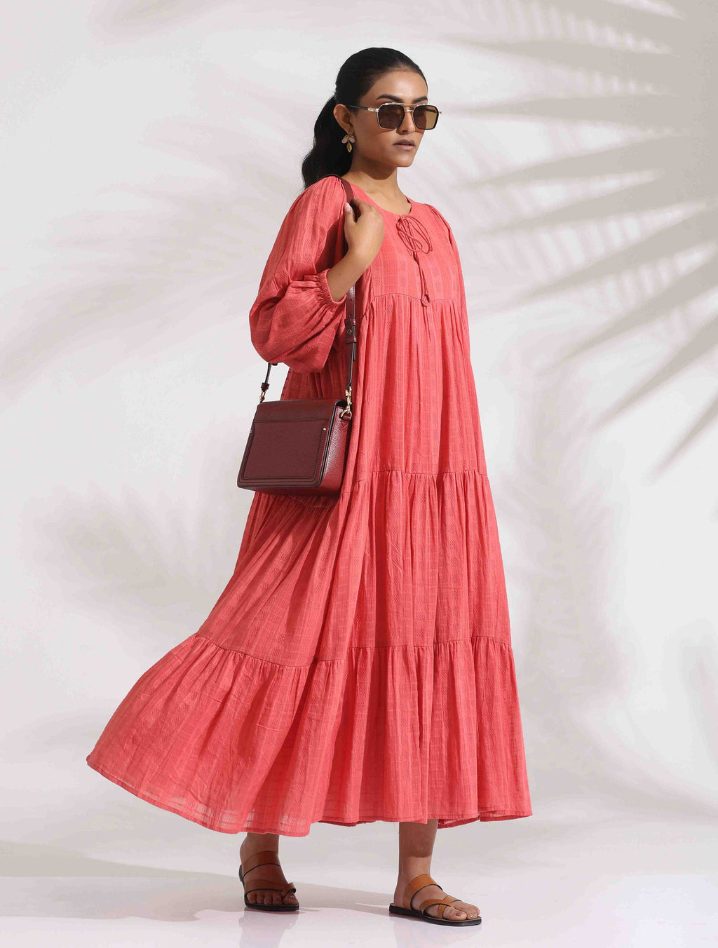 trueBrowns Pink Cotton Tier Dress | Grocsy
