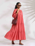 trueBrowns Pink Cotton Tier Dress | Grocsy