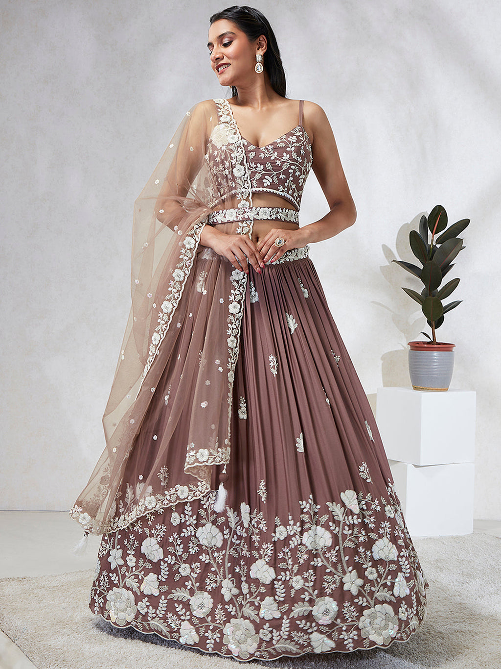 House of Panchhi Rose Gold Pure Georgette Sequins And Thread Embroidery Lehenga Choli & Dupatta | Grocsy