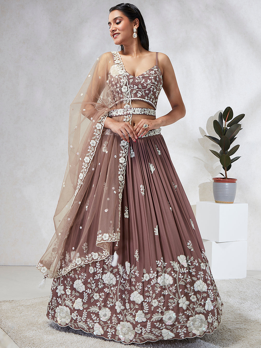 House of Panchhi Rose Gold Pure Georgette Sequins And Thread Embroidery Lehenga Choli & Dupatta | Grocsy