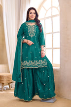 Anaita Teal Chiffon Readymade Suit with Coding Work | Grocsy