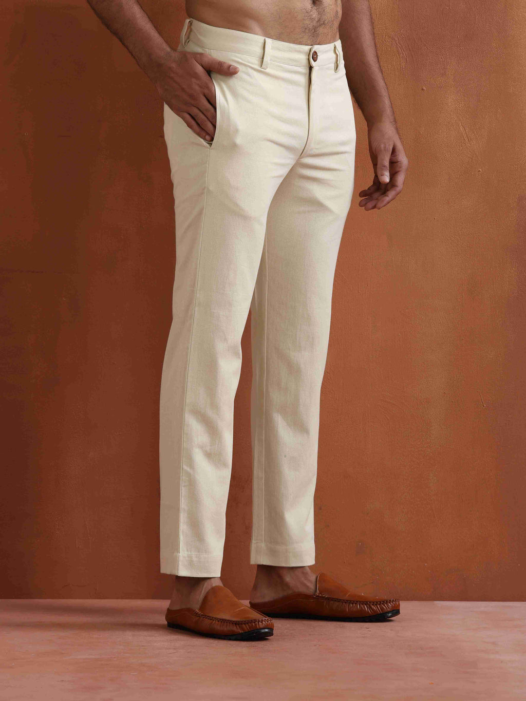 trueBrowns Men's Off White Cotton Twill Pants | Grocsy