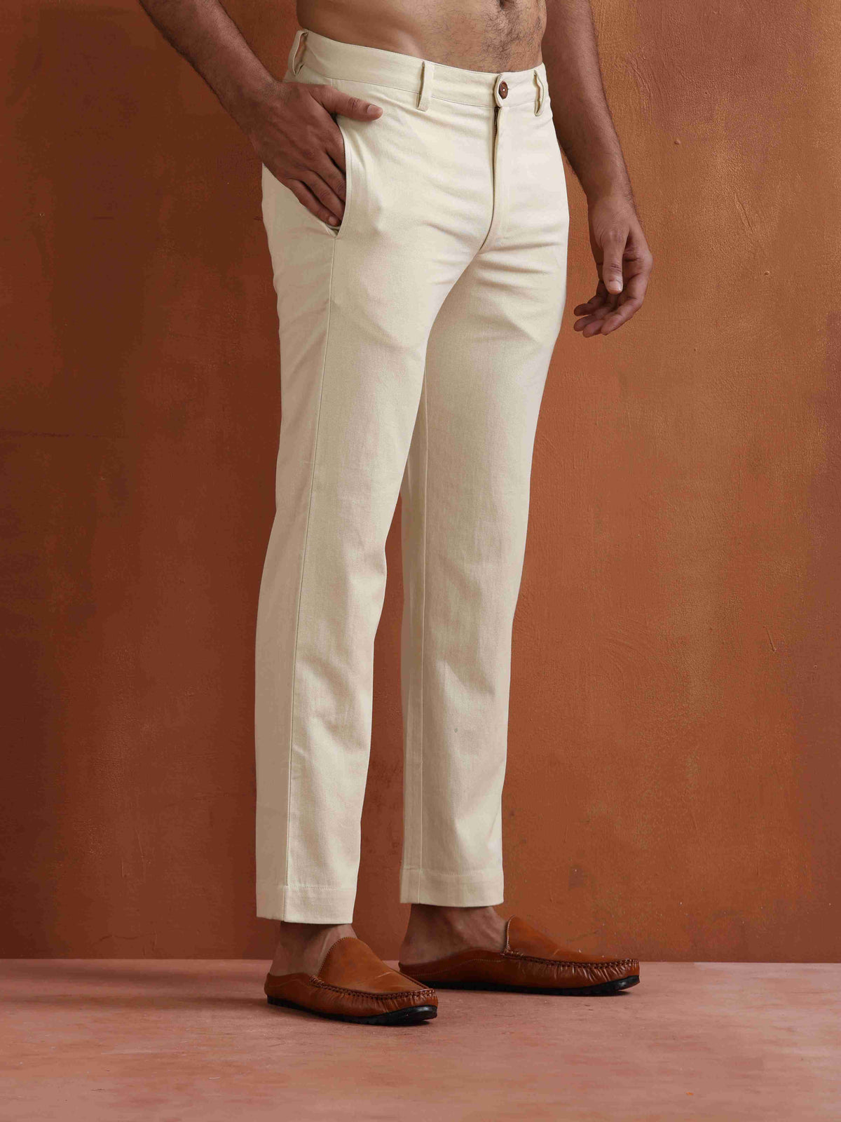 trueBrowns Men's Off White Cotton Twill Pants | Grocsy