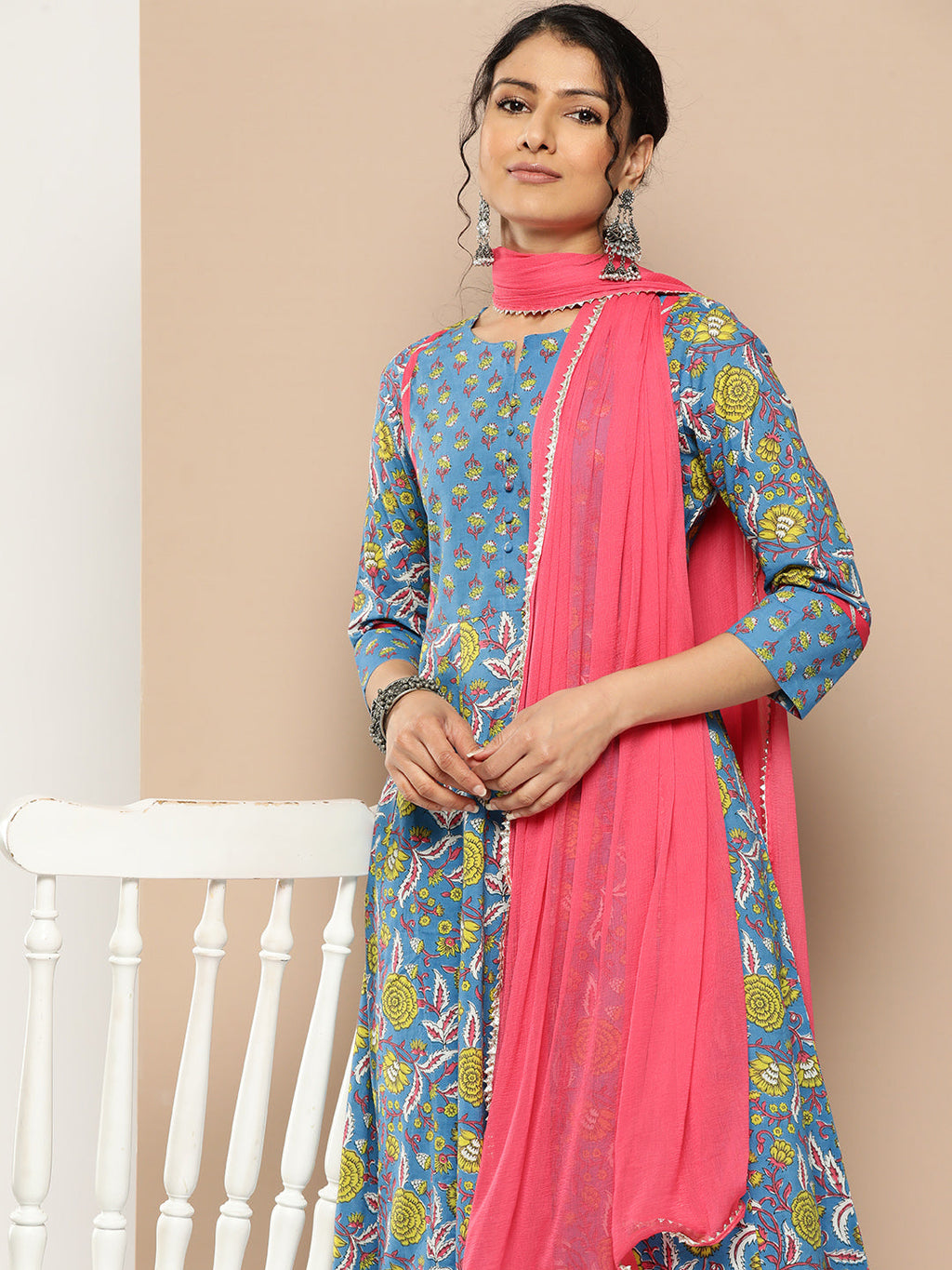 KSUT (House of Varanga) Blue Floral Printed Anarkali Kurta Paired With Printed Palazzo And Dupatta | Grocsy