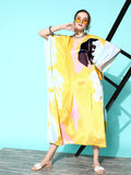 InWeave Women's Yellow Big Abstract Print Long Kaftan | Grocsy
