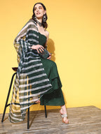 InWeave Women's Green Mirror Work Off Shoulder Kurta Set With Dupatta | Grocsy