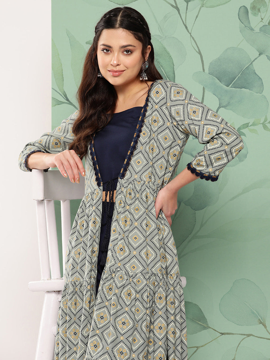 InWeave Women's Navy Top Bottom W Grey Bandhej Long Shrug Set | Grocsy