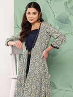 InWeave Women's Navy Top Bottom W Grey Bandhej Long Shrug Set | Grocsy