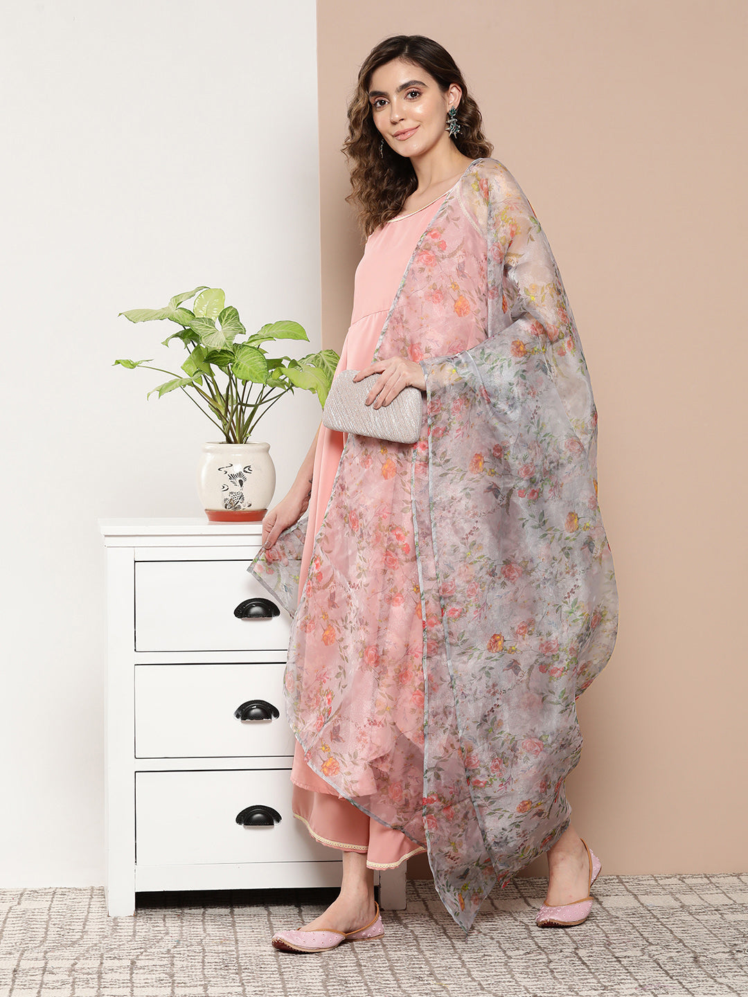 InWeave Women's Light Pink Cr Strappy Set With White Organza Dupatta | Grocsy