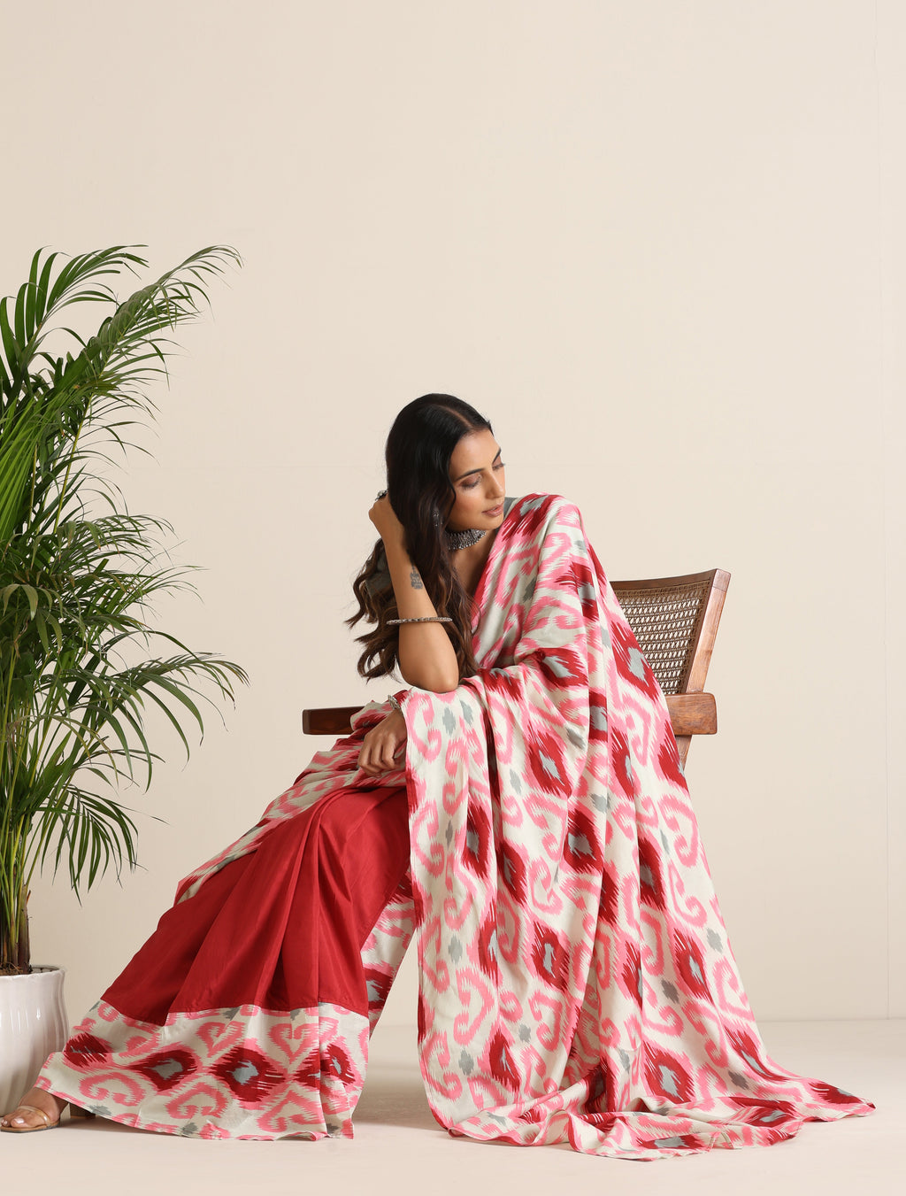 trueBrowns Maroon Grey Muslin Ikat Saree | Grocsy