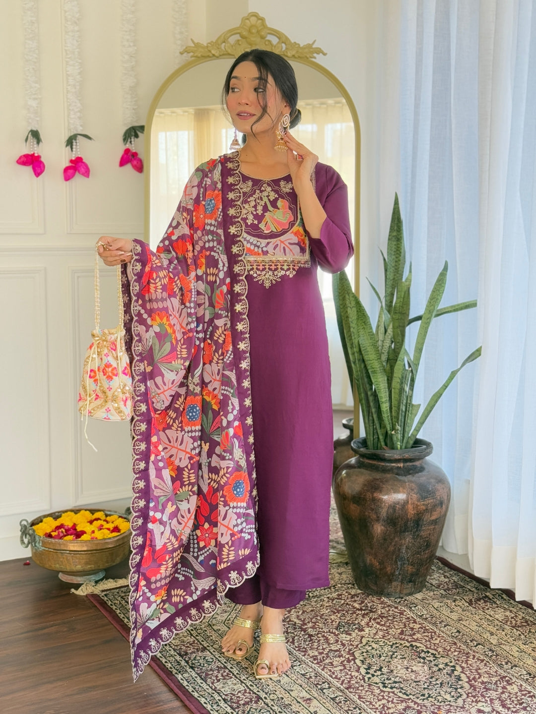 The52 Women's Viscose Chanderi Fabric Straight Kurta, Pant and Dupatta Set | Grocsy