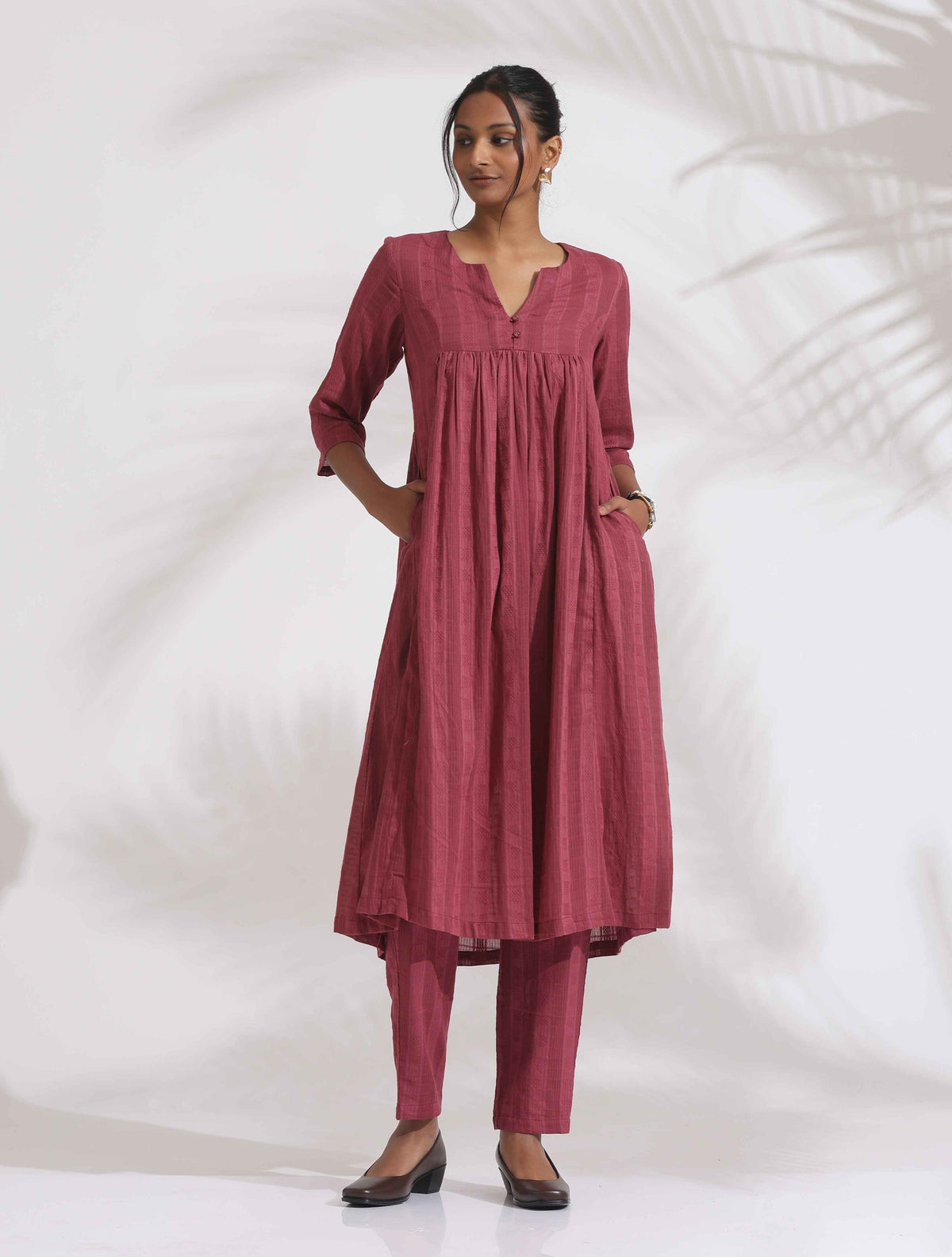 trueBrowns Maroon Cotton Flared Kurta Set | Grocsy