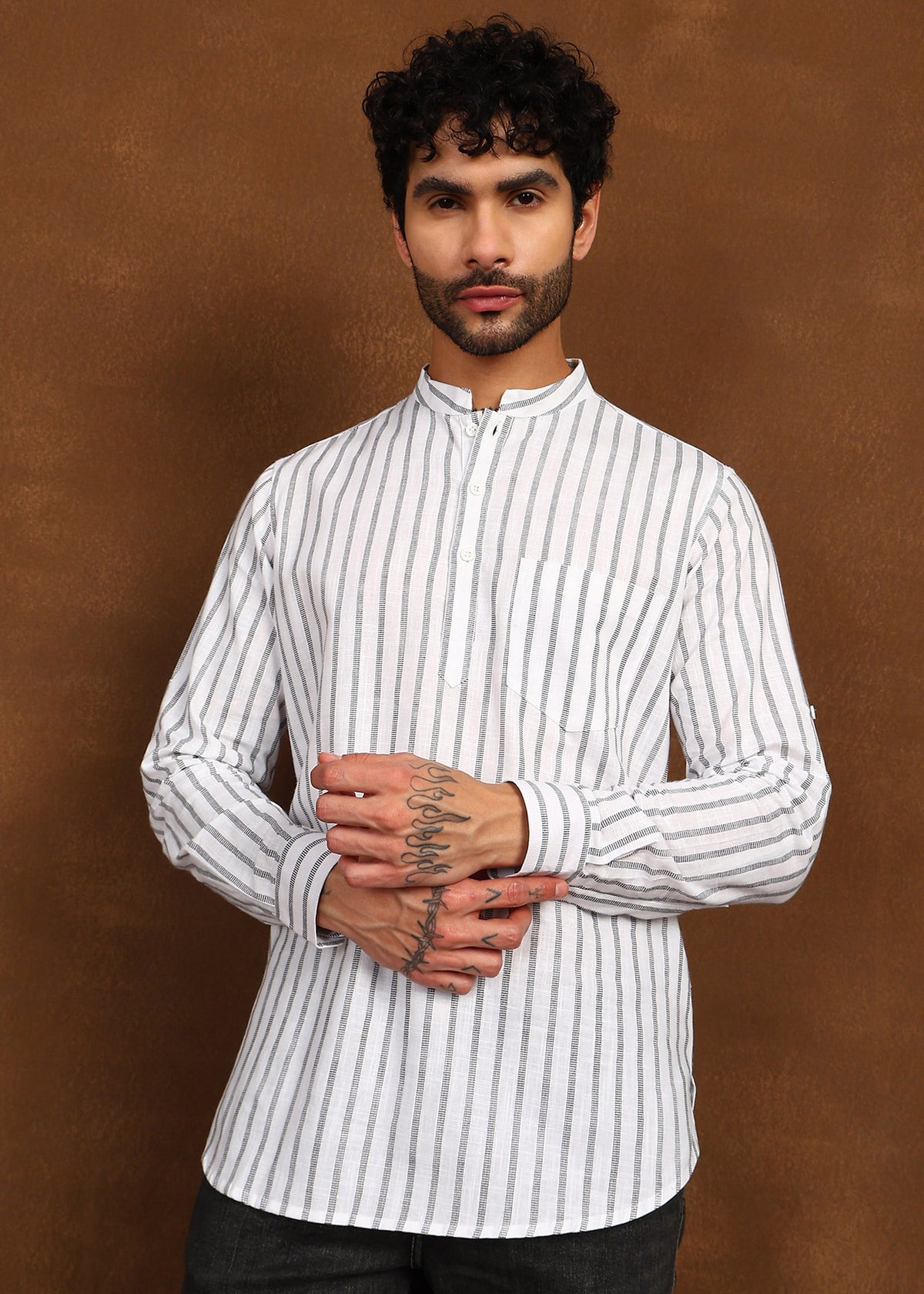 Fabmade Driftline Stripe Linen Short Kurta | Grocsy