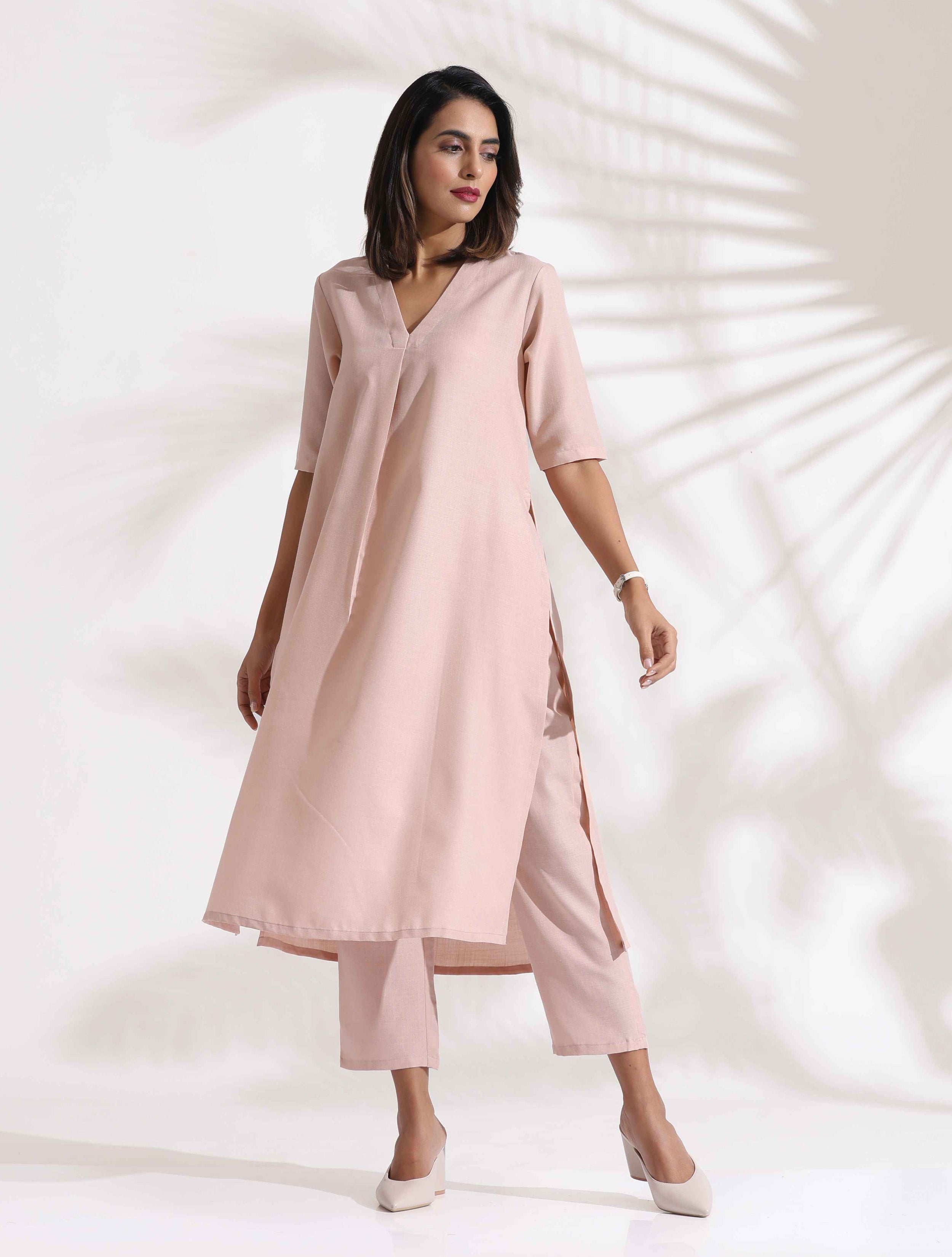 trueBrowns Light Pink Slub Kurta Set | Grocsy