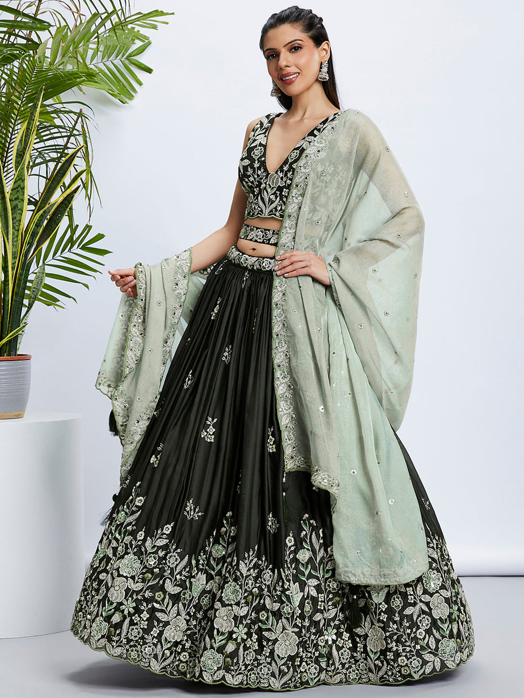 House of Panchhi Turquoise Blue Georgette Sequins And Thread Embroidery Lehenga Choli & Dupatta | Grocsy