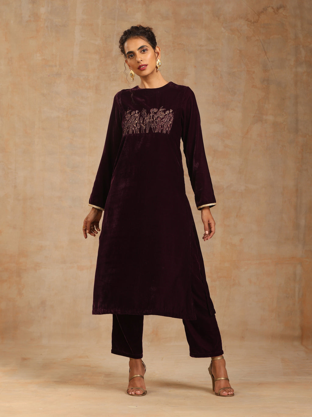 trueBrowns Wine Velvet Yoke Embroidered Kurta | Grocsy