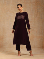 trueBrowns Wine Velvet Yoke Embroidered Kurta | Grocsy