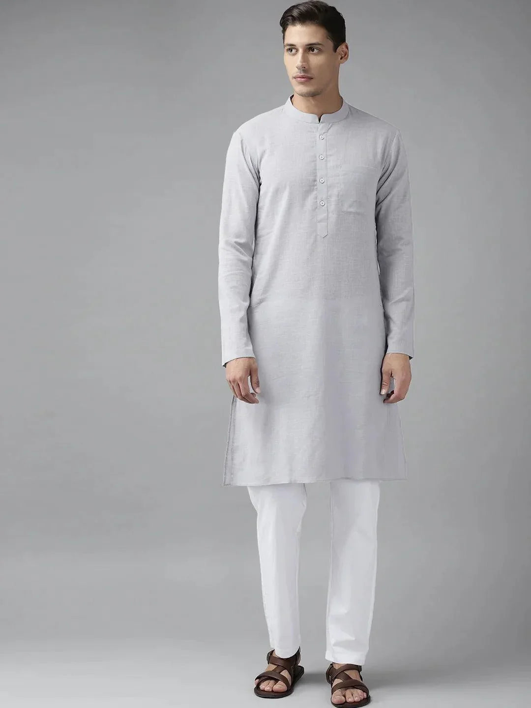 Fabmade Men Grey Cotton Linen Kurta | Grocsy