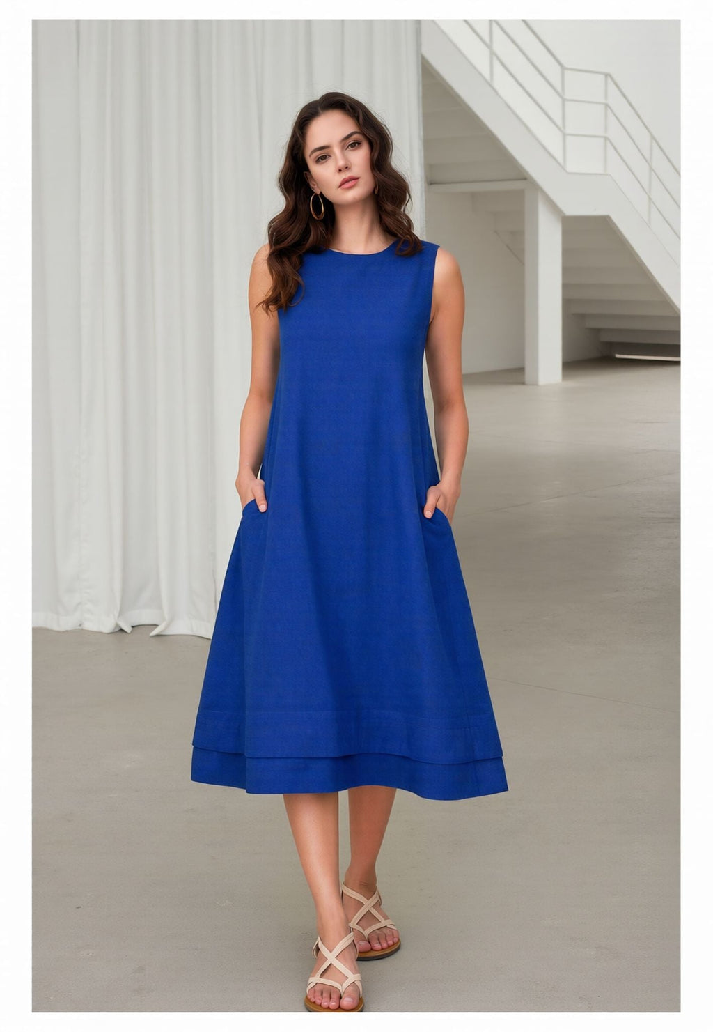 Myshka Women Green Linen A-Line Midi Dress with Full Sleeves Shirt | Grocsy