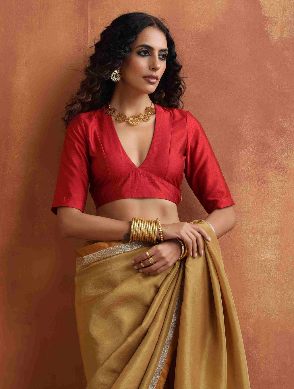 trueBrowns Red Silk V Neck Blouse | Grocsy