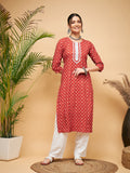 InWeave Women's Rust Small Floral Print Lace Straight Kurta | Grocsy