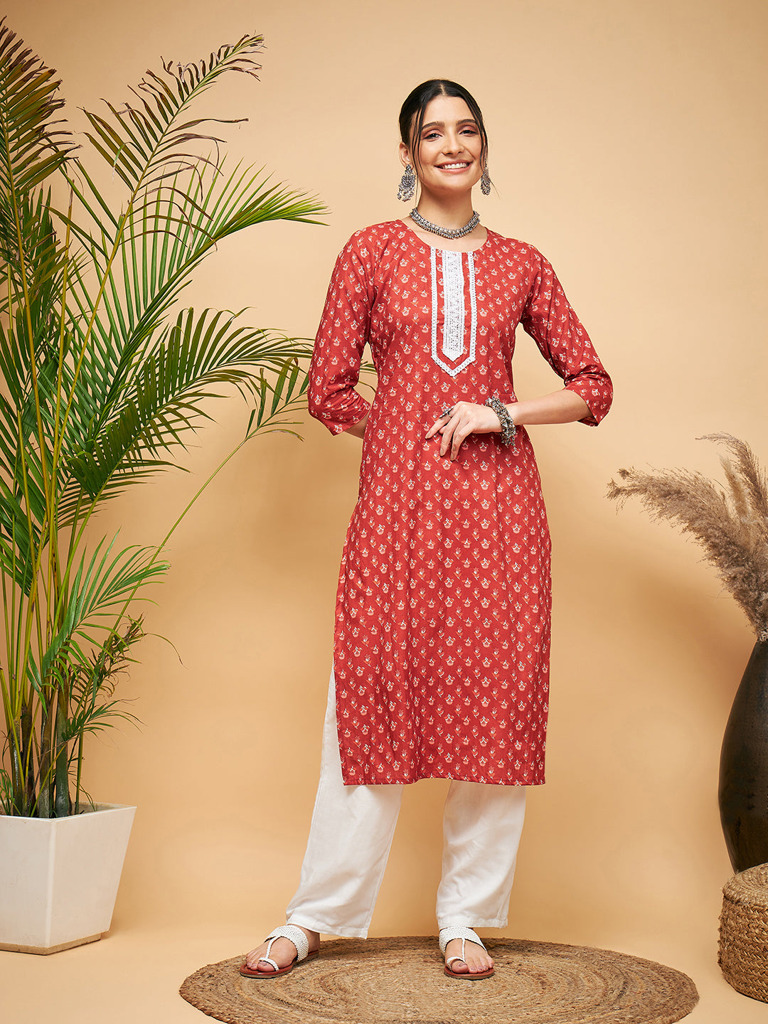 InWeave Women's Rust Small Floral Print Lace Straight Kurta | Grocsy
