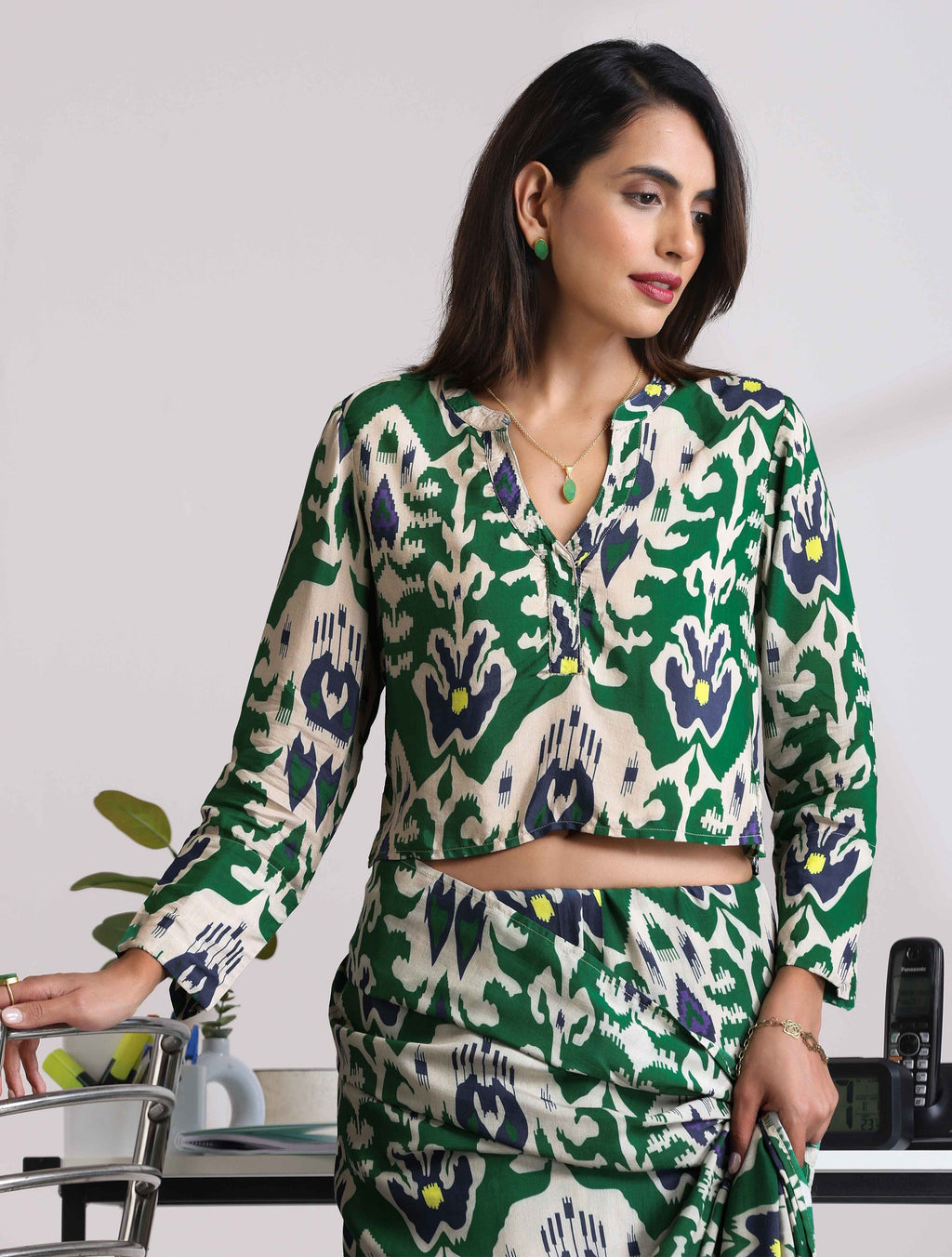 trueBrowns Green Muslin Ikat Shirt Blouse | Grocsy