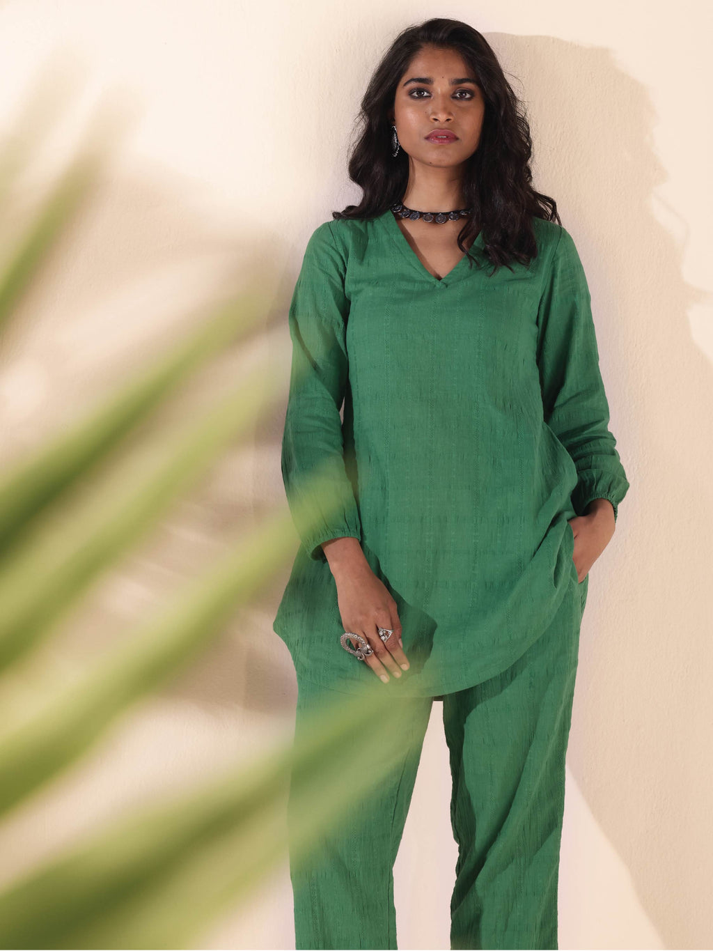 trueBrowns Green Cotton Dobby Relaxed Co-ord Set | Grocsy