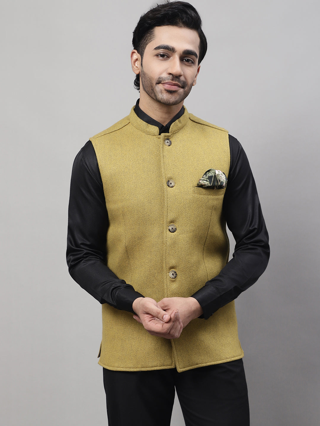 Even Apparels Men's Mustard Pure Wool Nehru Jacket | Grocsy