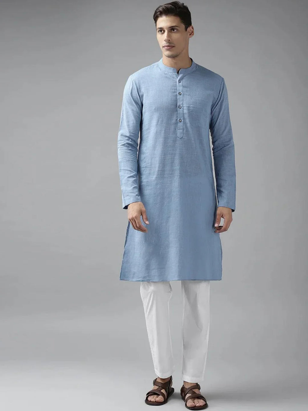 Fabmade Men Blue Cotton Linen Kurta | Grocsy