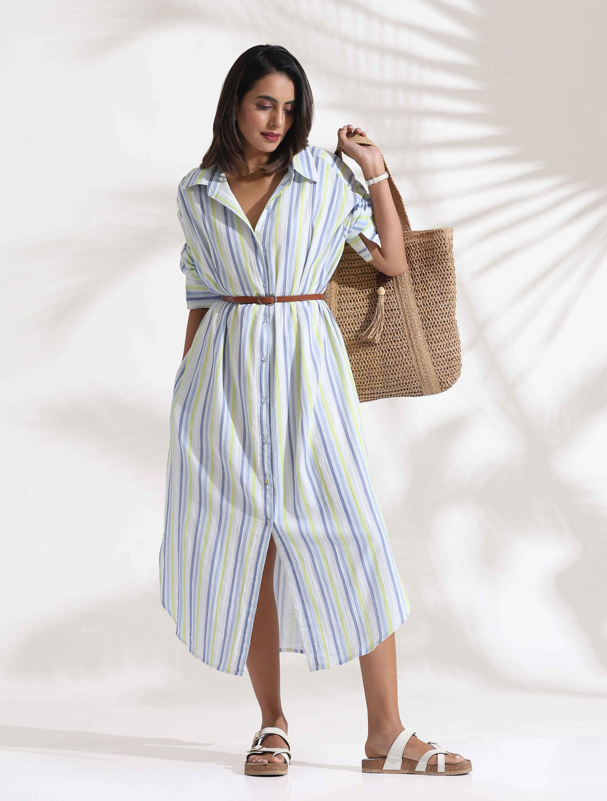 trueBrowns White Cotton Multi Stripe Shirt Dress | Grocsy