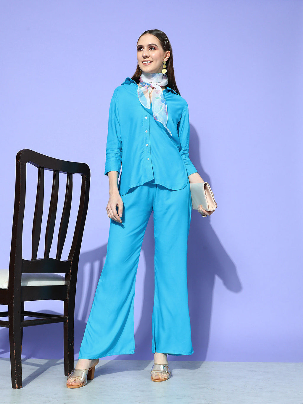 InWeave Women's Aqua Blue Coord Set With White Butterfly Scarf | Grocsy
